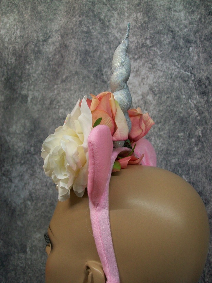 Fancy Unicorn Horn Flower Crown Headband w/ Ears Pearl Strands Fantasy Magical Item image 6