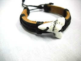 Thick Black Leather With White Resin Shark Tooth Adj Cord Bracelet Jaws Surf - £3.98 GBP