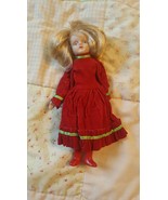 Vintage Porcelain Doll 7 1/2&quot; Red Dress, Red Boots Blonde Hair - $13.47 CAD