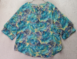 Chico&#39;s Blouse Top Women&#39;s Size 3 Teal Floral Sheer Polyester V Neck Dra... - $24.96