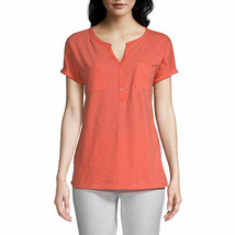 St. John&#39;s Bay Women&#39;s Plus Split Crew Neck Short Sleeve Henley Shirt 3X Coral - £15.60 GBP