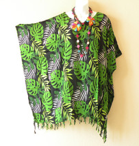 KB295 Green Leaf Batik Plus Poncho Caftan Hippie Tunic Blouse Top up to 5X - $24.90