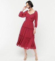 New J Crew Women Berry Red Swiss Dot Long Sleeve Chiffon Tiered Midi Dress 2 - £55.35 GBP