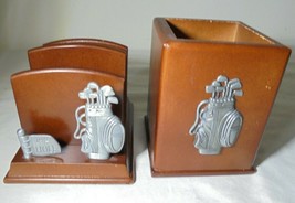 Vintage Wood Golf Motif 19th Hole 2 Piece Office Desk Set Pencil &amp; Letter Holder - £6.33 GBP