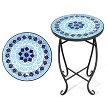 Indoor/Outdoor Blue Mosaic Round Side Accent Table Plant Stand - £135.16 GBP