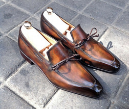 Handmade Men Leather Fashion Brown Stylish Classic Loafers &amp; Slip Ons Shoes-1008 - £182.83 GBP