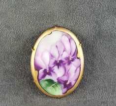 Hand Painted Porcelain Pin Violets Gilt - £27.49 GBP