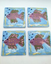 Handmade Pottery Tile Fish Coasters Set of 4 Handpainted Felt Bottom Coastal  - $15.19