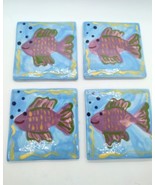 Handmade Pottery Tile Fish Coasters Set of 4 Handpainted Felt Bottom Coa... - £11.96 GBP