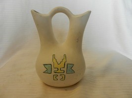 Southwestern Style Wedding Vase, White With Blue &amp; Yellow Pottery Hand Made - £59.94 GBP
