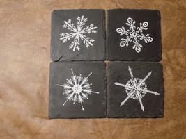 4pcs Snowflake Black &amp; White Painted Ceramic Slate Art Coasters Lot Chri... - $19.80
