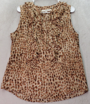 LOFT Blouse Womens Medium Brown Animal Print Sleeveless Ruffle V Neck Drawstring - $20.27