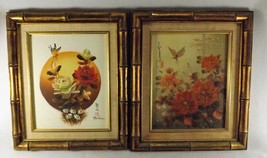 Vtg. Pair 1970&#39;s Asian Paintings on Canvas Butterflies &amp; Flowers Signed &amp; Framed - £30.94 GBP