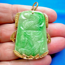Earth mined Antique green Jade Dragon Pendant 14k Gold Deco Charm - $6,905.25