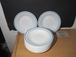 Lot of 9 Pyrex Tableware Milk Glass Soup Plates Blue Trim 9 1/4&quot; Vintage - £71.05 GBP
