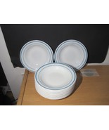 Lot of 9 Pyrex Tableware Milk Glass Soup Plates Blue Trim 9 1/4" Vintage - $89.10