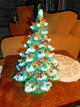 1986 Flocked Ceramic Christmas Tree Base Electrified w Bulb Holly Birds MCM - £96.73 GBP
