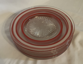 Set Of 8 Mid Century Modern Clear Glass Plates with Red And White Bands Stripes - £31.31 GBP