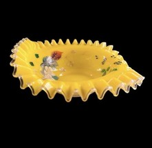 ATQ Cased Glass Berry Bowl Brides Basket Victorian Yellow Ruffled Enameled 8.5”W - £73.20 GBP