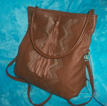 ELLA MOSS Brown Leather Large Cross Body Shoulder Bag-FOLDOVER-Perforate... - $38.00