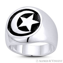 Crescent Moon &amp; Star Turkish Islam Charm .925 Sterling Silver Men&#39;s Signet Ring - £33.35 GBP+