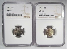 1961-P &amp; 1962-P Silver Roosevelt Dimes NGC MS66 Toned Coins AJ222 - £49.31 GBP
