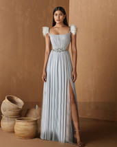 Ostrich Feather Spaghetti Strap Thigh-High Slit Dress Chiffon Crystal Applique B - £78.09 GBP