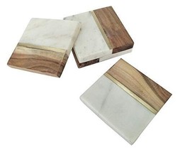 White Marble and Wood Brass Inlay Coaster Set Home and Office Coaster Set of 4 - £18.92 GBP