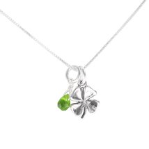 Sterling Silver Four Leaf Clover and Green Crystal Necklace, 16&quot; - £19.97 GBP