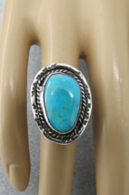 Turquoise Ring Large Stone  Size 6 Sterling Silver Southwestern 5.9 Grams Etched - £55.49 GBP