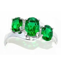 Women&#39;s Day 2 Ct Oval Simulated Emerald Three Stone Ring in .925 Sterling Silver - £67.26 GBP