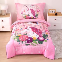 4 Piece Unicorn Toddler Bedding Set Pink Floral Toddler Comforter Sheet Sets Flo - £48.74 GBP