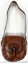 Vintage 1970s Hand Tooled Embossed Brown Leather Purse Saddle Bag Boho Hippie - £55.20 GBP