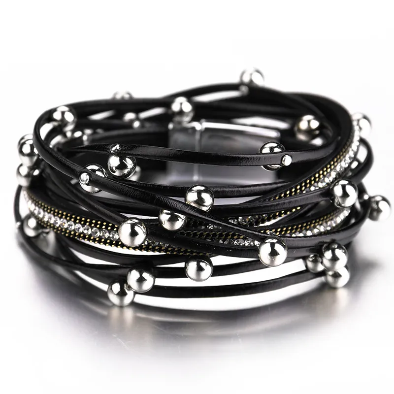 Metal Beads Charm Leather Bracelets for Women Fashion Crystal Chain Bohemian Mul - £16.55 GBP