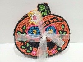 Halloween Day of the Dead Pumpkin Beaded Drink Coasters Home Decor Set of 4 - £17.12 GBP