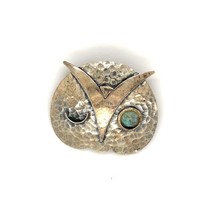 Vintage Sign Sterling Danecraft Hammered Owl Face Wink Bird Turquoise Brooch Pin - £50.99 GBP