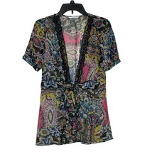 Cabi Women&#39;s Medium Sheer Kimono Boho Top Lace Trim Front Tie Paisley Print - £15.65 GBP