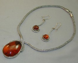 HUGE Hallmarked Baltic Amber Square Foxtail Sterling Necklace &amp; Earrings - £353.13 GBP