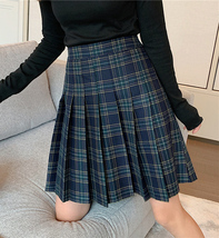 Navy Blue Plaid Skirt Outfit Women Plus Size Knee Length Pleated Plaid Skirt image 5