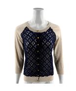 Camellia Cardigan Sweater Womens Size Medium Navy Blue Tan Lace Semi She... - $546.43 MXN
