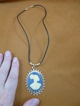 CA20-125) RARE African American LADY blue + ivory CAMEO brass pendant necklace - £27.87 GBP
