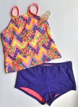 Girl’s Floral Chevron Tankini Swimsuit- 4 5 XS Orange &amp; Denim - £7.99 GBP
