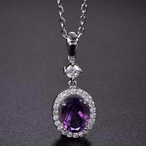 2.30Ct Oval Cut CZ Amethyst Halo Pendant 14k White Gold Plated Free Chain - £95.89 GBP