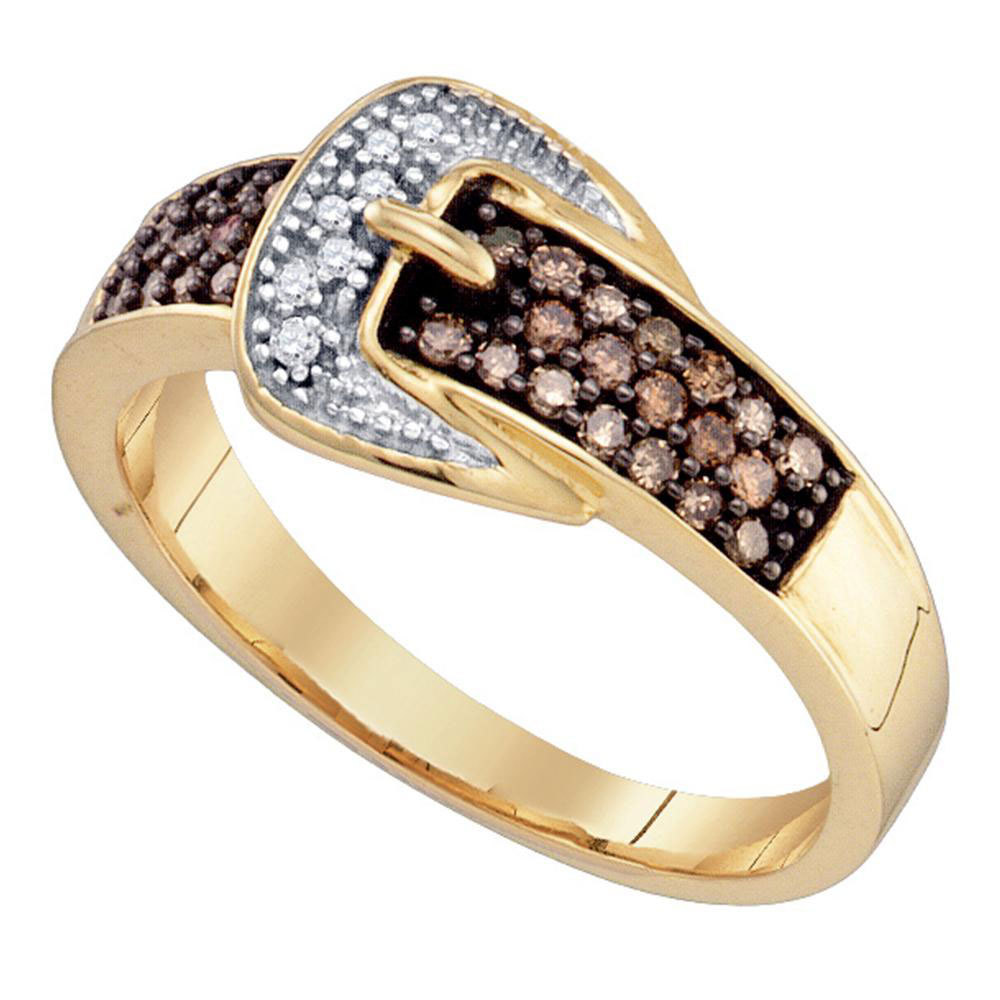 10k Yellow Gold Brown Color Enhanced Round Diamond Belt Buckle Band Ring YG