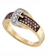 10k Yellow Gold Brown Color Enhanced Round Diamond Belt Buckle Band Ring YG - £255.79 GBP