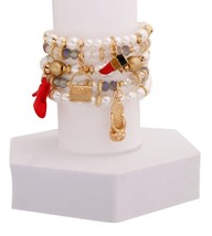 Women&#39;s Pearl Clear Glass Beads Fashion Boutique Charms Stretch Bracelet Set - £28.19 GBP
