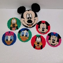 6 Coaster Set Yarn Homemade Cross Stitch Mickey Minnie Donald Daisy Goofy - £30.73 GBP