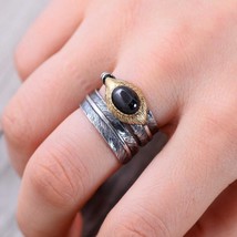 Real Pure 925 Sterling Silver Rings For Men Feather Shaped With Black And Red Na - £37.18 GBP