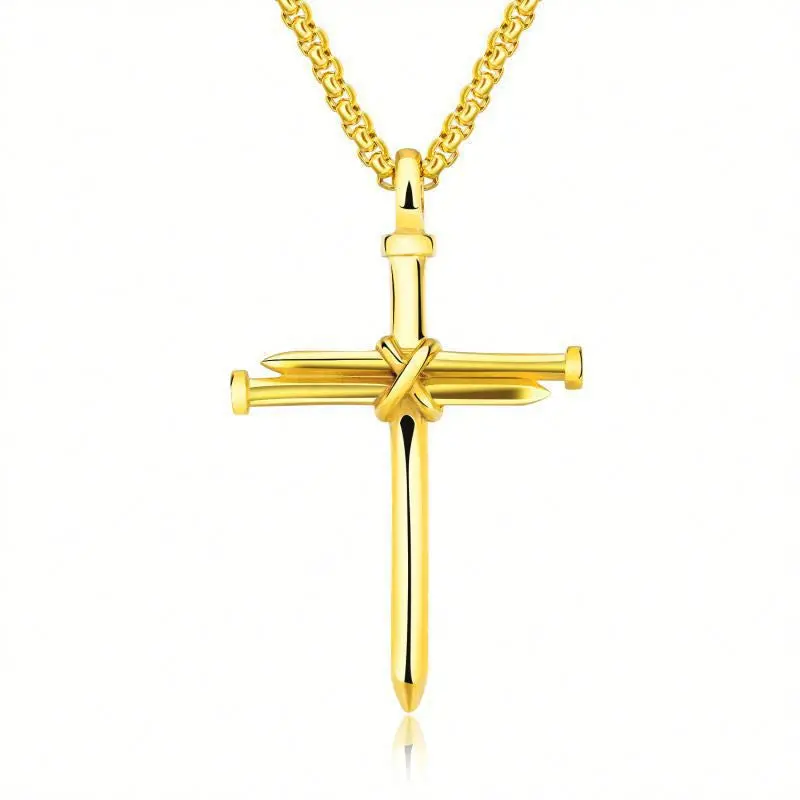 Steel, Gold &amp; Black Iron Nail Cross Pendant Necklace - Stainless Steel -... - $471.32 MXN