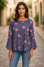 Lauren Conrad Womens Floral Print Bell Sleeve Blouse XL Purple/Pink Poly... - €10,21 EUR